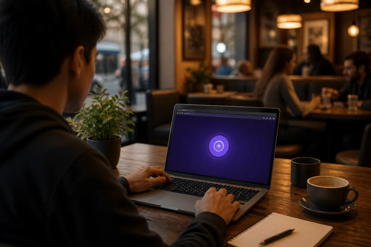 A person is browsing the dark web using Tor in a cafe.