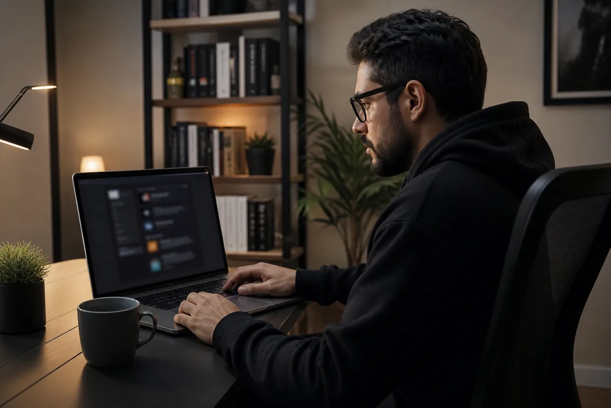 A focused individual in a modern home office exploring dark web app downloads.
