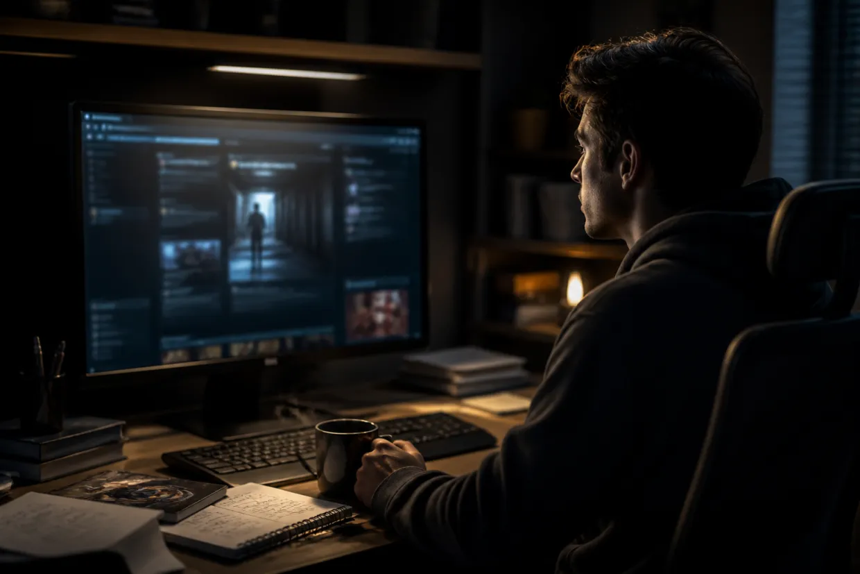A person absorbed in researching dark web websites at their desk.