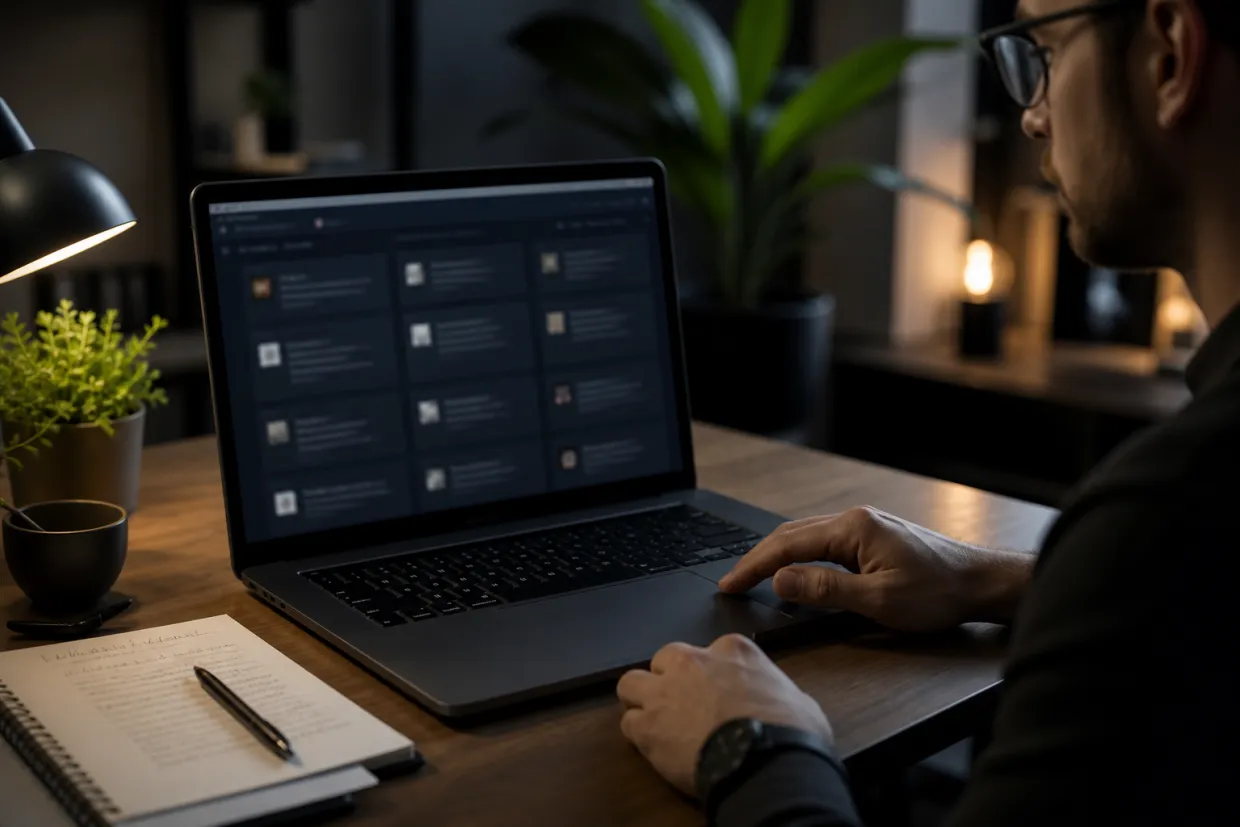 A researcher is focused on a laptop displaying verified dark web links in a modern workspace.