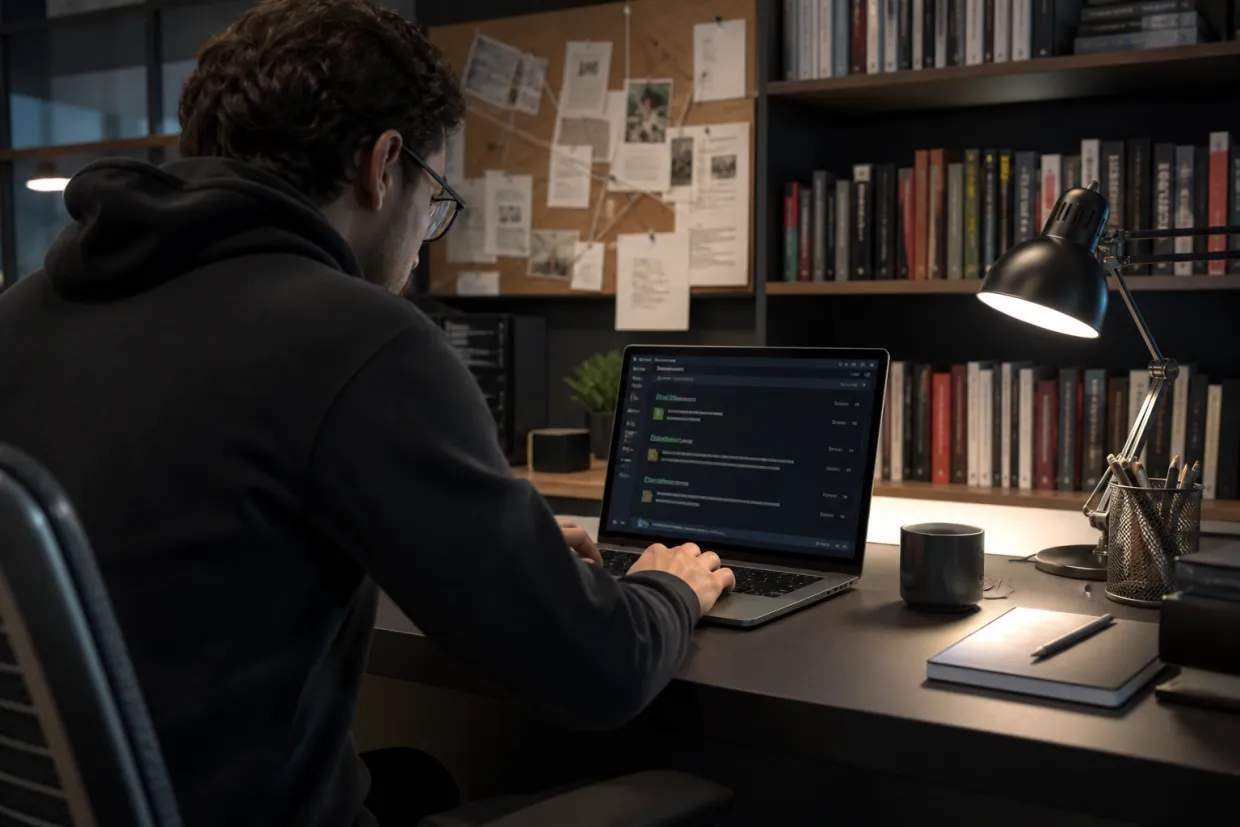 A researcher examining GitHub repositories related to dark web links in a modern workspace.