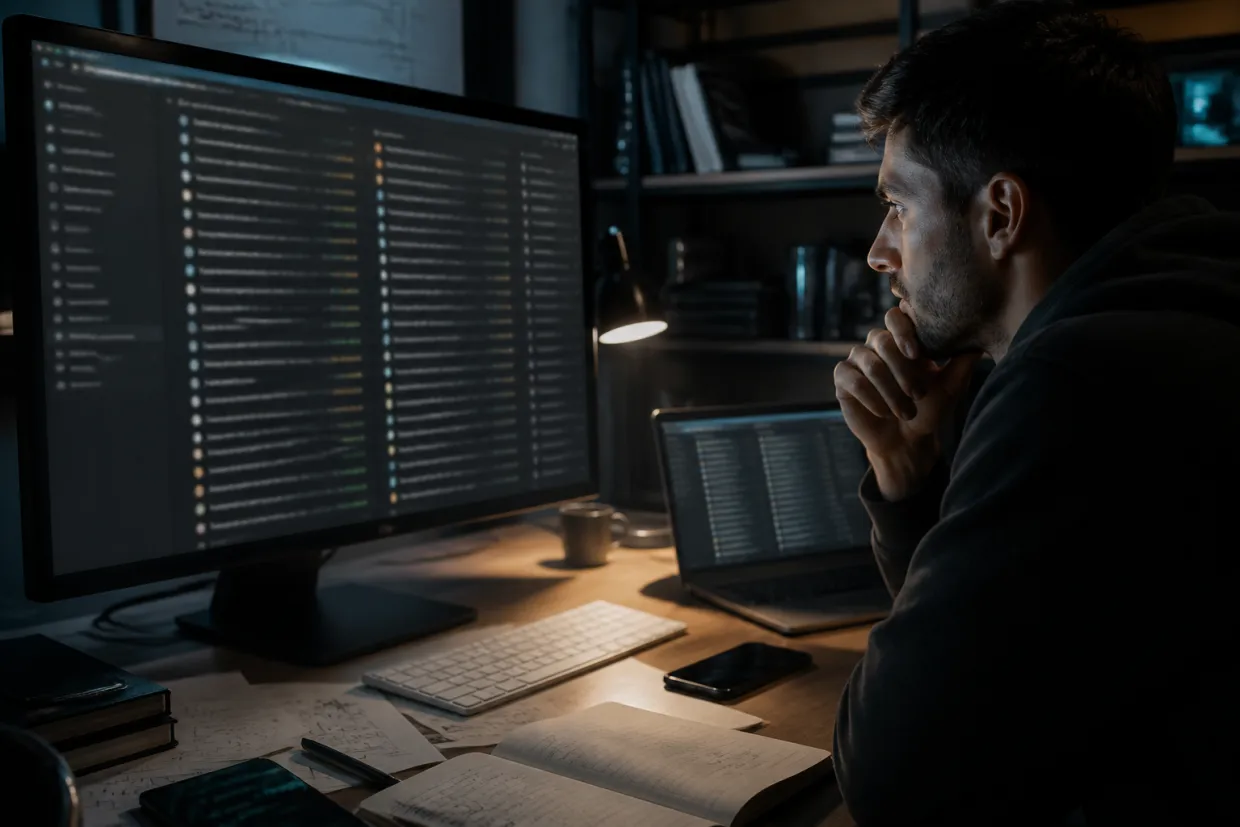 A researcher examining a directory of legitimate dark web services on a computer screen.