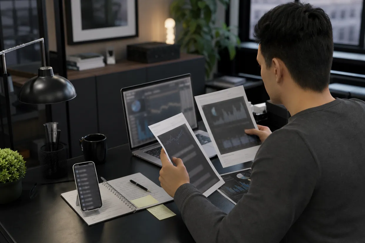 A researcher analyzes printed reports on darknet markets in a modern office.