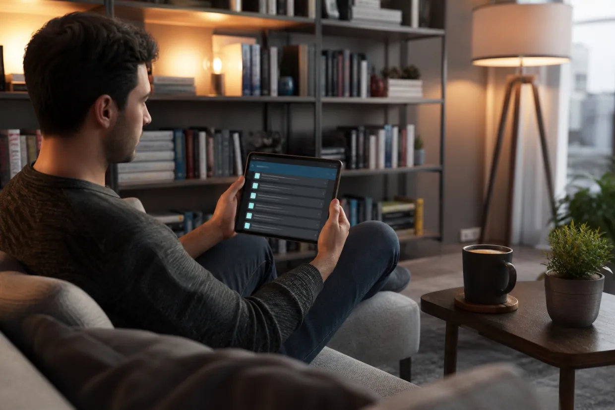 A person is exploring .onion links on a tablet in a cozy living room.