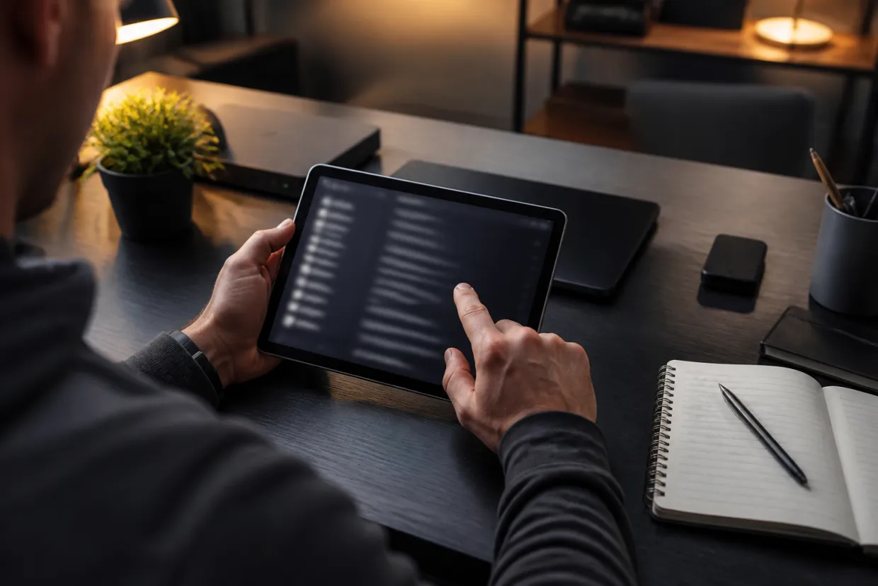 A person engages with a tablet showing an onion service directory.