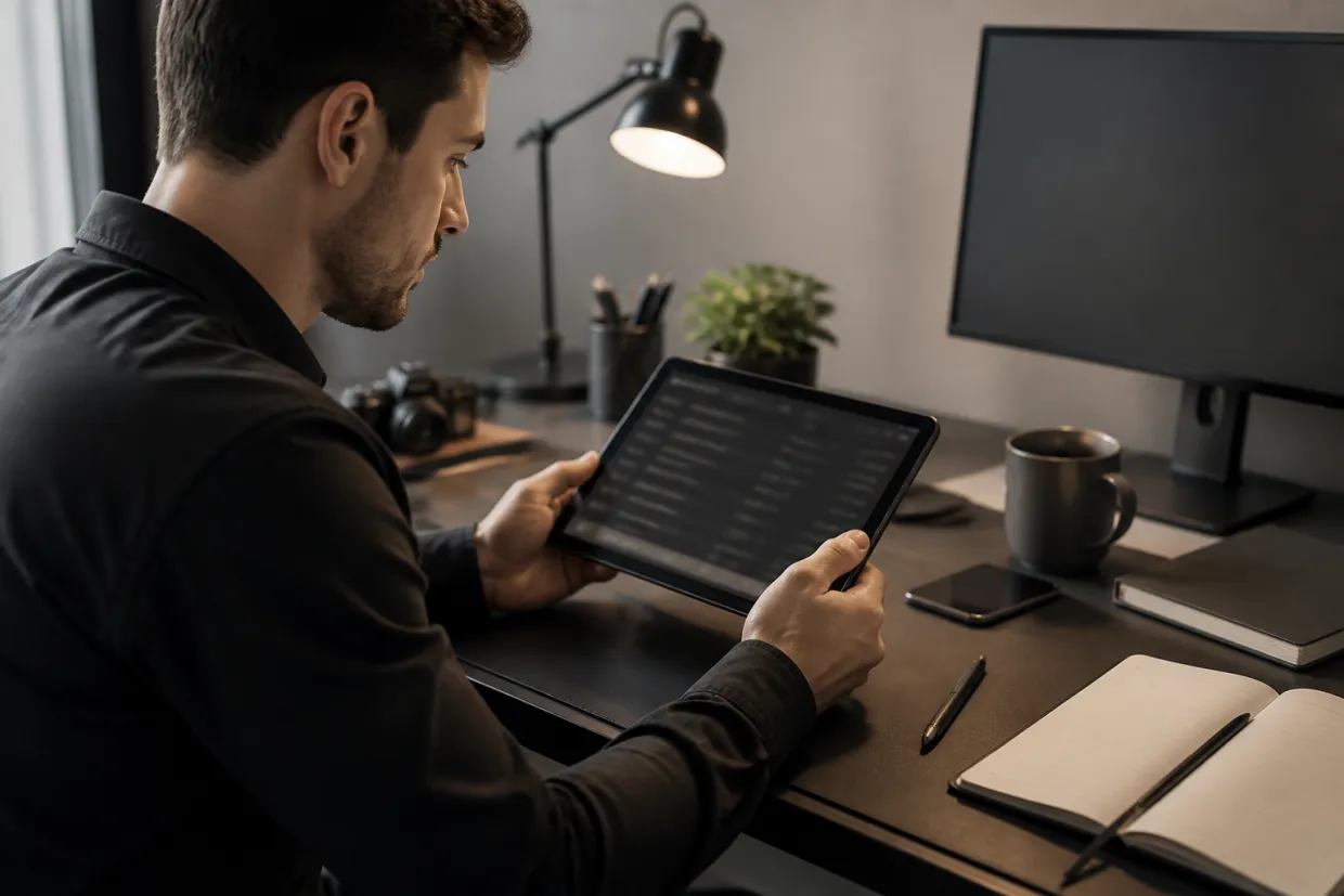 A researcher using a tablet to explore verified onion links in a modern workspace.