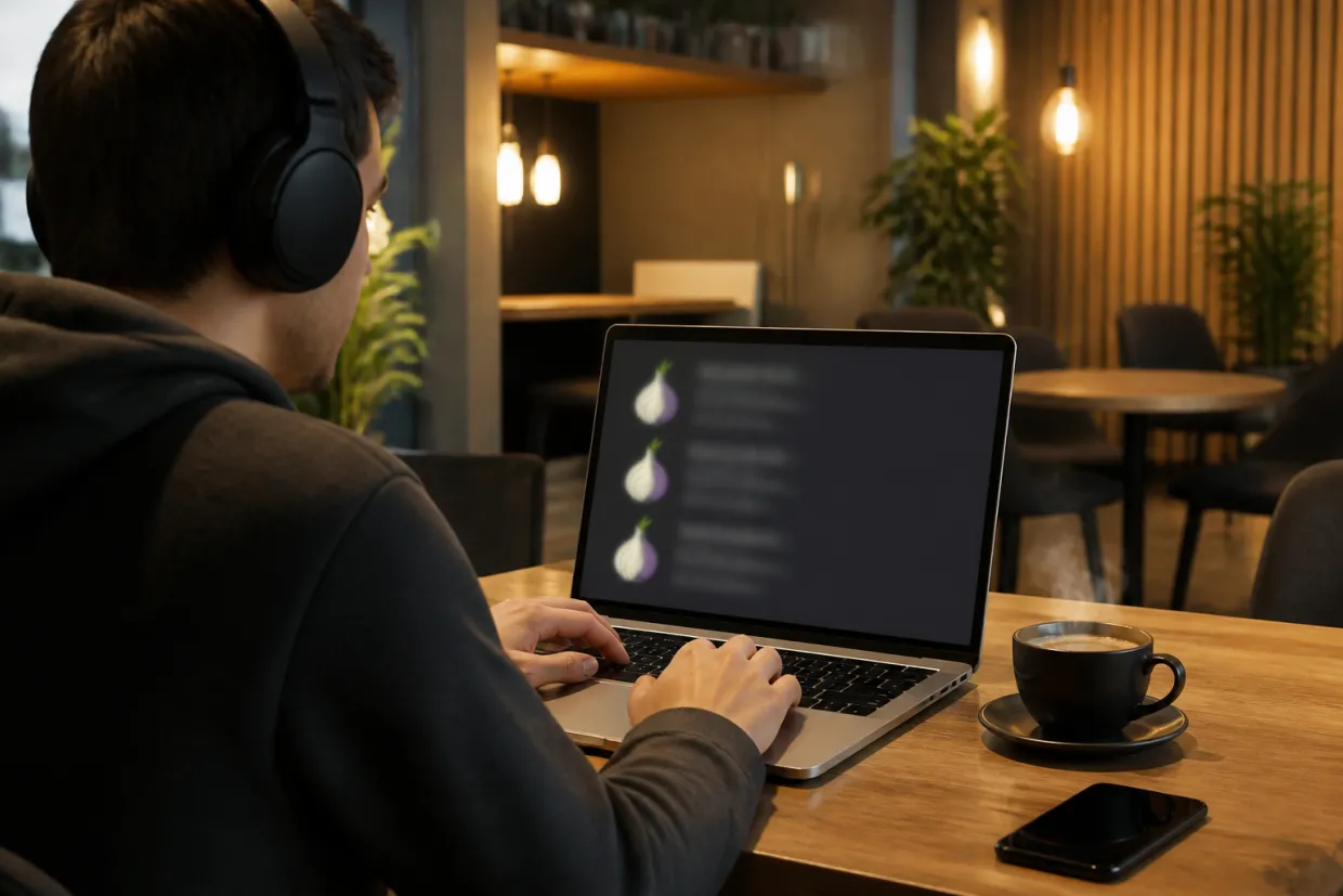 A user engaged in researching onion links at a cozy café.