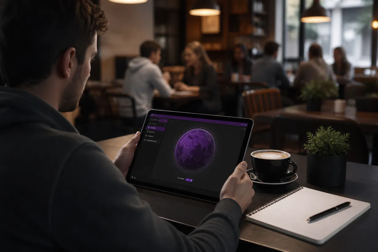 A person is engaged in research using Tor Browser on a tablet in a cafe.