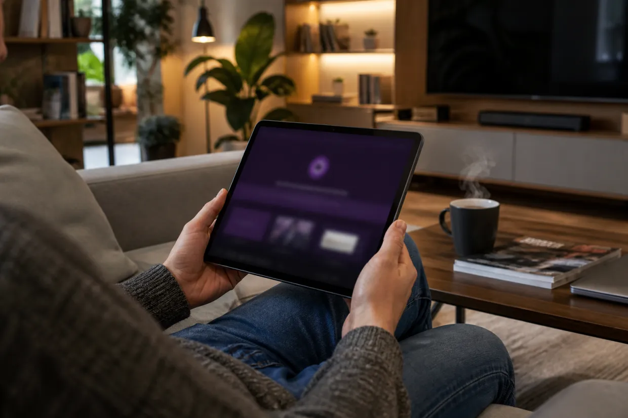 A person is engaged in exploring the dark web using a tablet in their cozy living room.