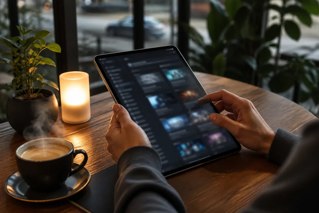A user browsing a curated onion URL directory on a tablet in a cozy café.