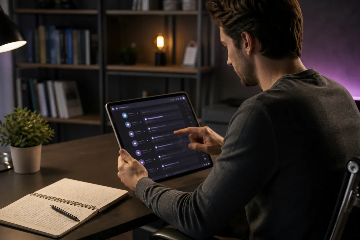 A researcher examines .onion links on a tablet in a modern workspace.