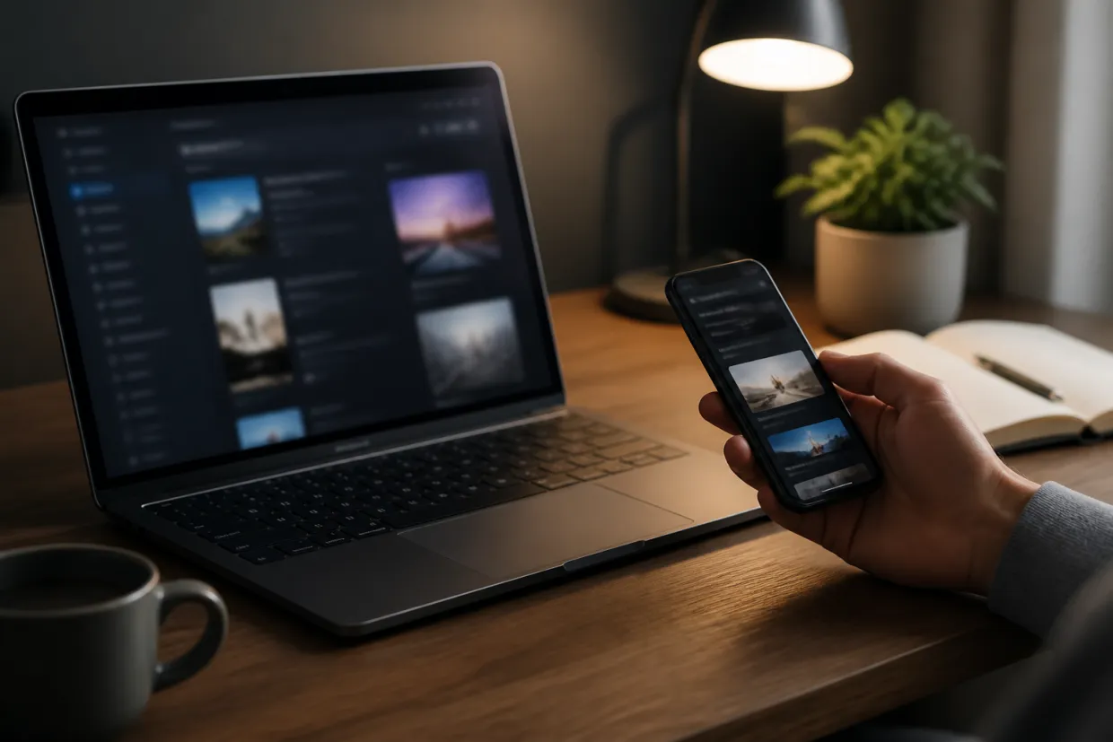 A modern workspace showcasing a laptop and smartphone focused on dark web resources.