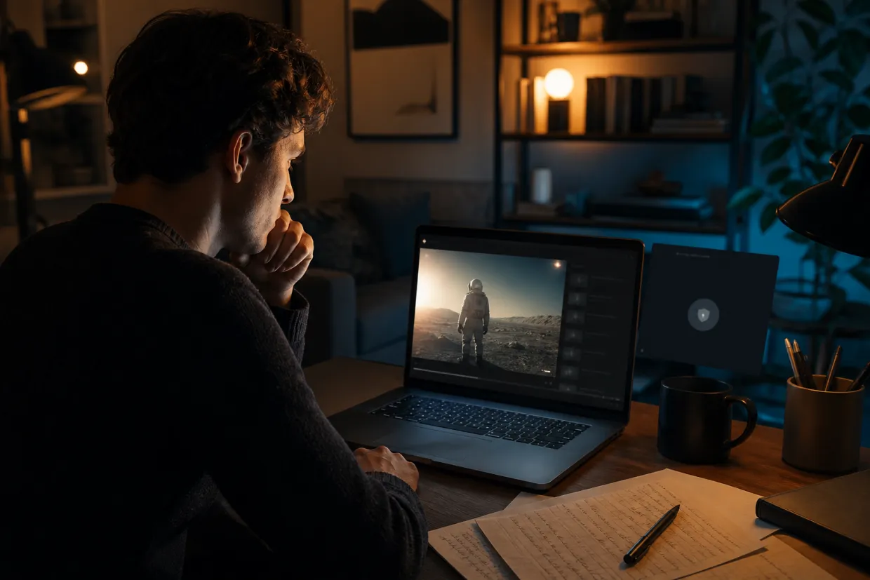 A user attentively watching a video on a dark web video site in a cozy room.