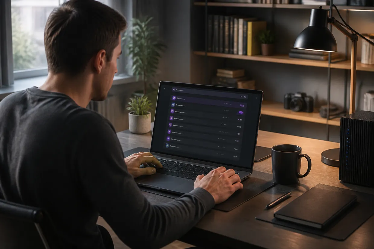 A person engages with a dark web directory in a stylish home office.