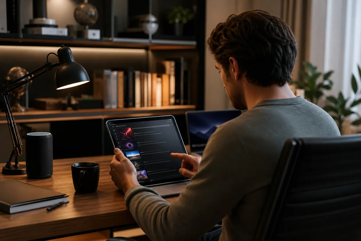 A person is focused on researching legitimate .onion sites on a tablet in a cozy home office.