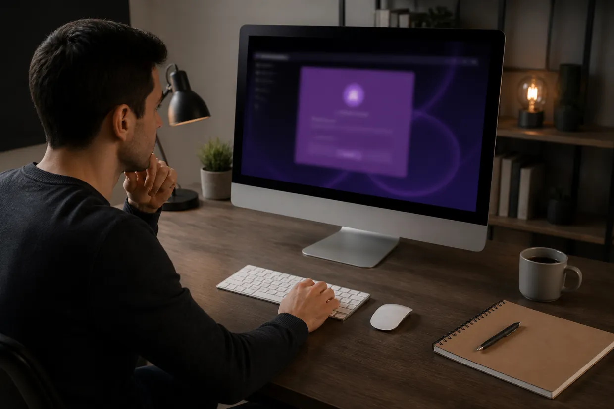 A person is setting up Tor Browser on their desktop in a modern workspace.