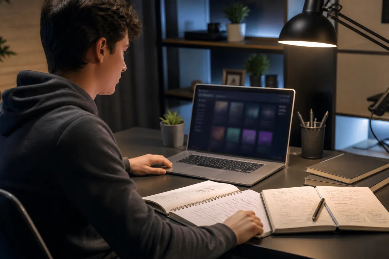 A cybersecurity student immersed in studying dark web forum links at a modern desk.