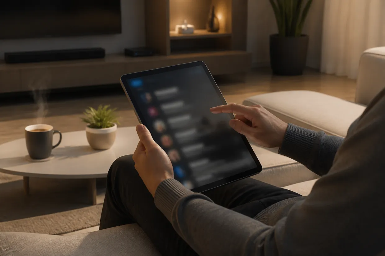 A person curates dark web links on a tablet in a cozy living room.