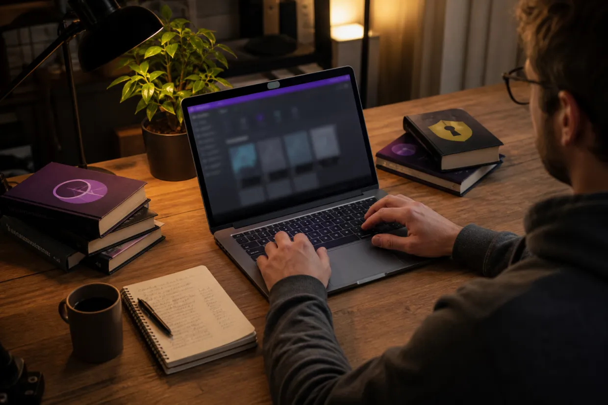 A person engaged in research about dark web resources in a home office.