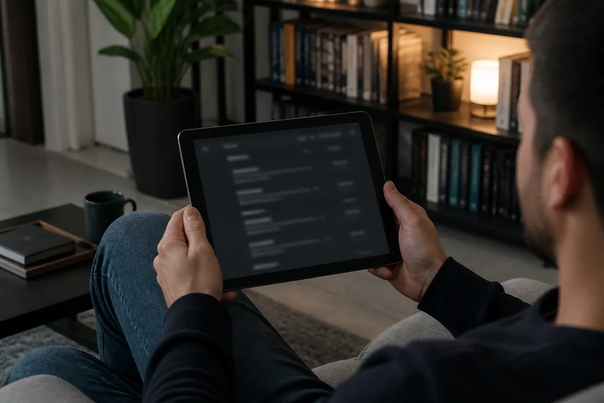 A person is evaluating dark web resources on a tablet in a cozy setting.