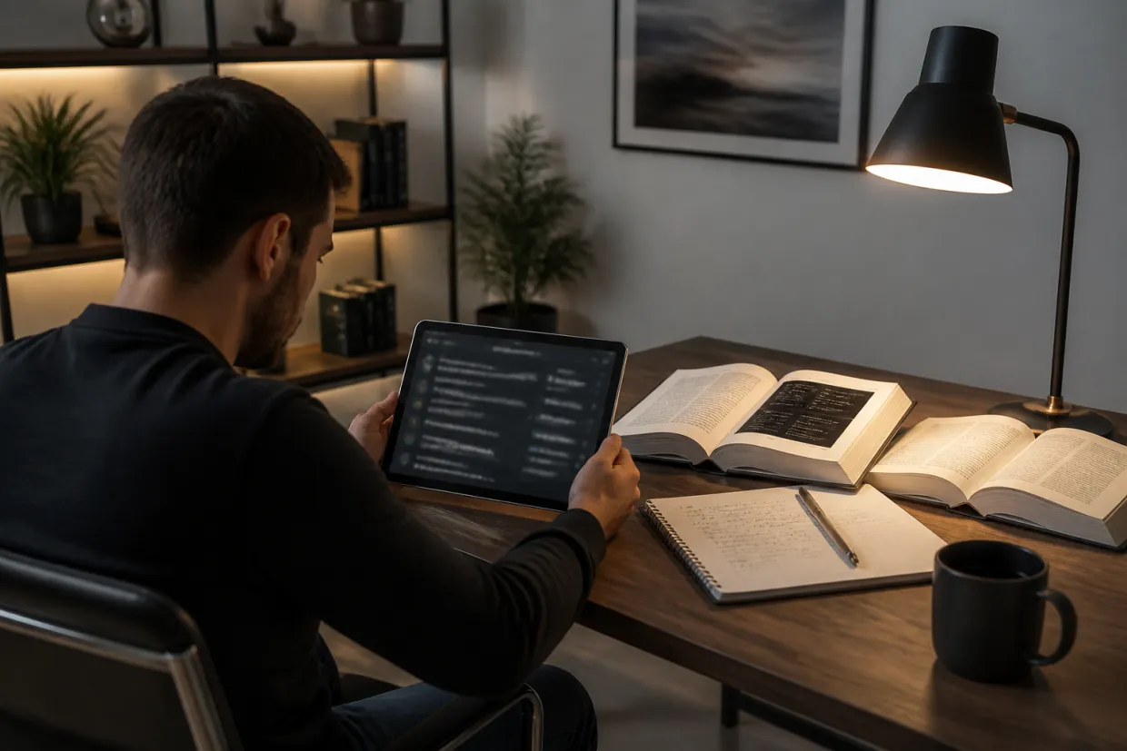A person examining dark web marketplace links on a tablet in a modern home office.