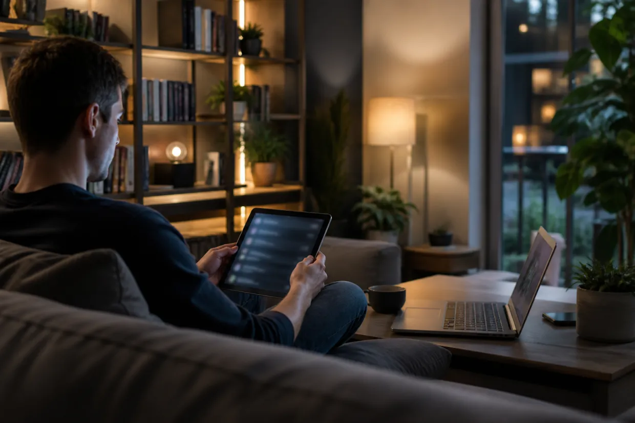 A user explores onion service directories on a tablet in a cozy living room.