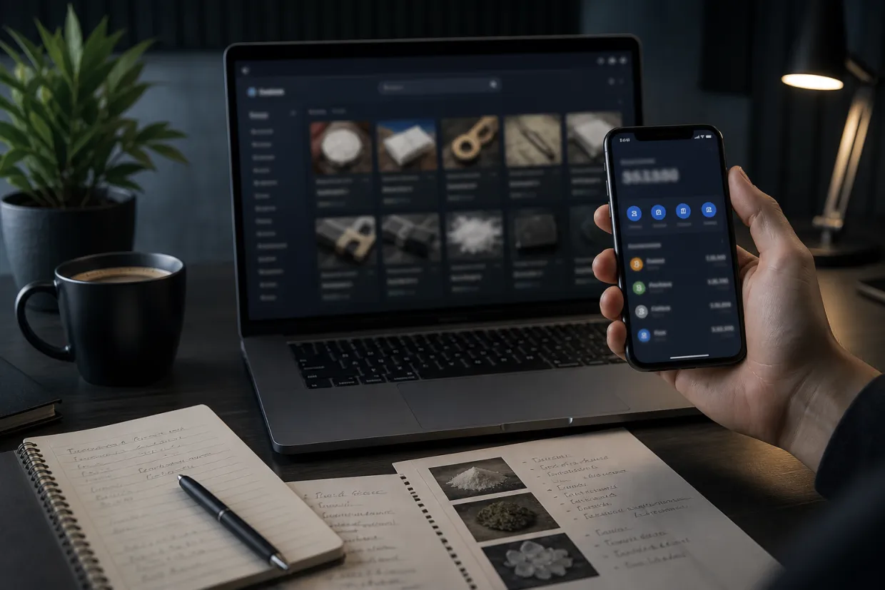 A hand holds a smartphone showing a cryptocurrency wallet next to a laptop.