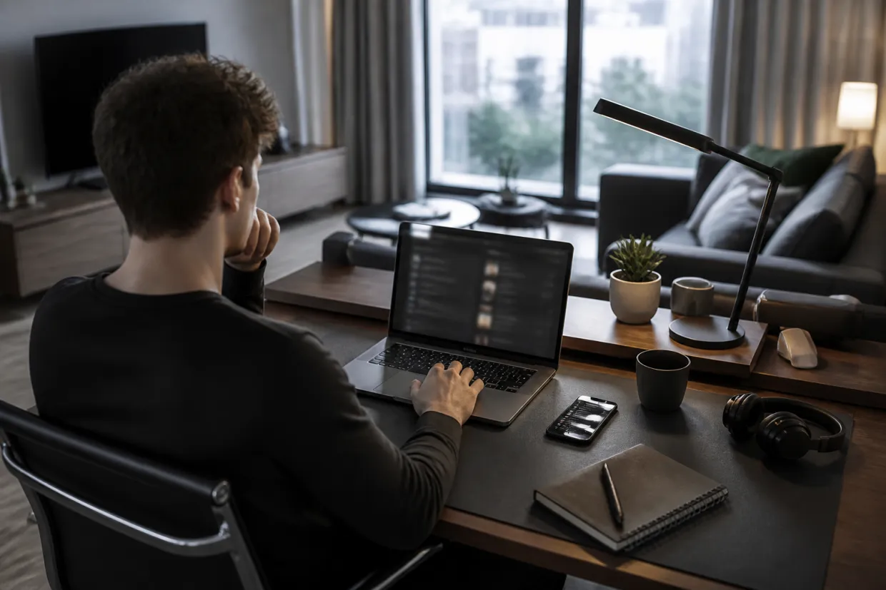 A person exploring deep web discussions on Reddit in a modern setting.