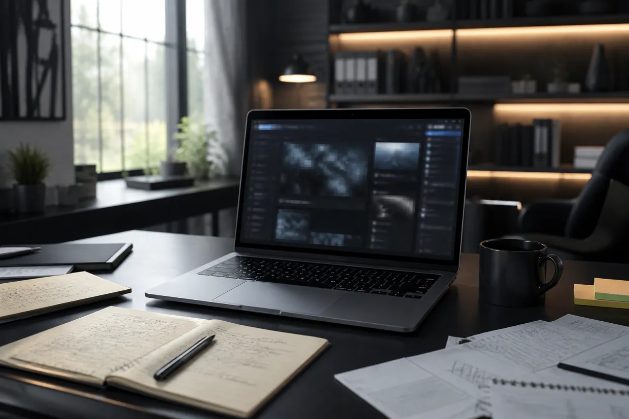 A modern workspace dedicated to researching the dark web, featuring a laptop and notes.