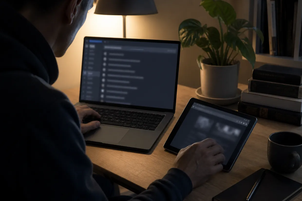 A user comparing dark web onion links on a laptop and tablet in a cozy workspace.