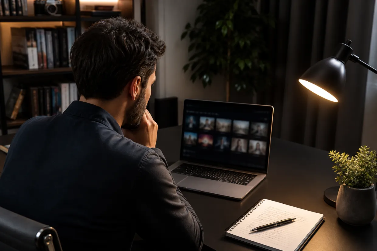 A person focused on reviewing dark web video sites in a modern home office.