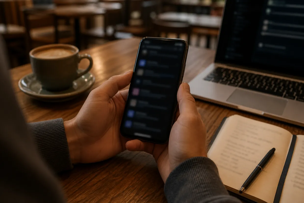 A person is using a smartphone to explore dark web resources in a coffee shop.