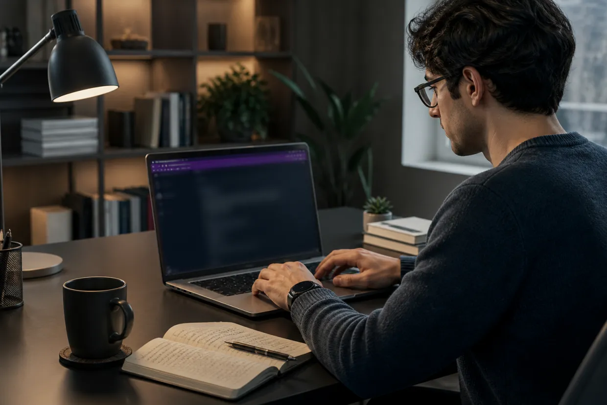 A researcher is navigating the dark web using a laptop in a modern office setting.